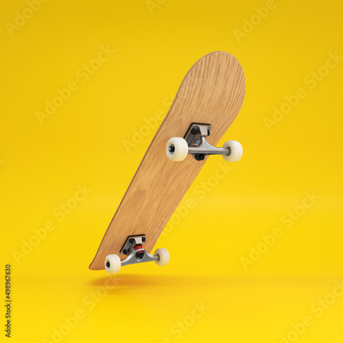 Skateboard wooden base floating on a yellow background, 3d render