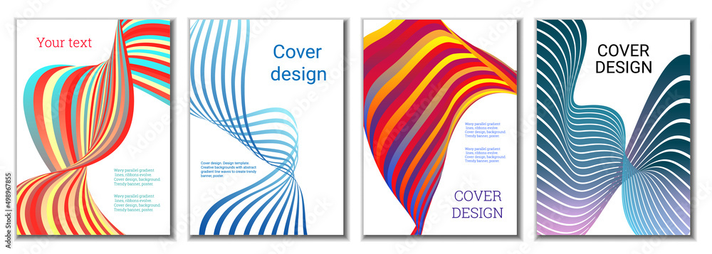 A set of 4 abstract covers. Wavy parallel gradient lines, ribbons evolve. Cover design, background. Trendy banner, poster. A set of 4 abstract covers. Wavy parallel gradient lines, ribbons evolve. Cover design, background. Trendy banner, poster.