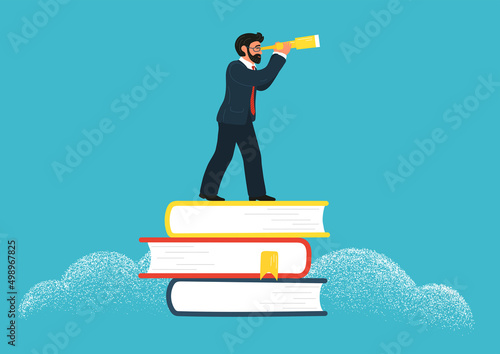 Businessman staying on stack of books and looks into telescope. Professional education concept. Business books.