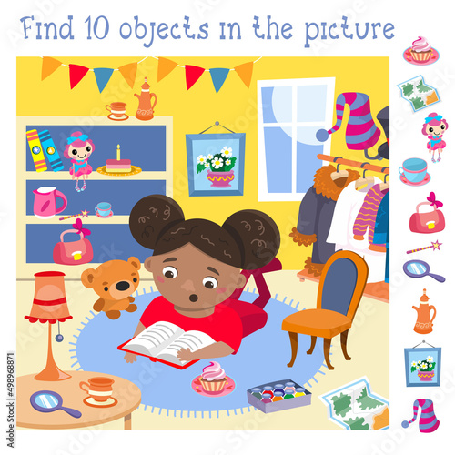 Find 10 hidden objects. Educational game for children. Cute little girl read book in room. Cartoon character. Vector illustration. 