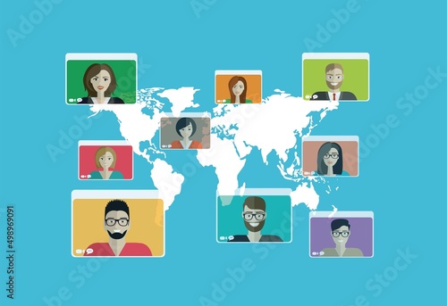 people connecting together, learning and meeting online with teleconference or video conference remote working all over the world, work from home and anywhere, flat vector illustration.