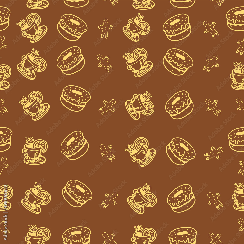 Autumn seamless pattern on brown background with tea and donuts. Hand drawn cozy tea and delicious donuts. Texture for scrapbooking, wrapping paper, invitations. Vector illustration. Autumn seamless pattern on brown background with tea and donuts. Hand drawn cozy tea and delicious donuts. Texture for scrapbooking, wrapping paper, invitations. Vector illustration.