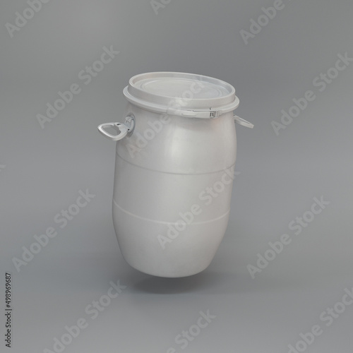 Plastic barrel white floating on a gray background, 3d render