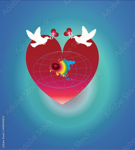 Fototapeta Naklejka Na Ścianę i Meble -  Illustration of loving peace on the Earth with White pigeon carrying love sign or heart sign in the globe on a Big Heart gradient blue background. Political world map is an illustration created by me.
