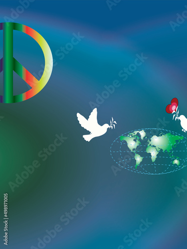 Fototapeta Naklejka Na Ścianę i Meble -  Illustration of loving peace on the Earth with White pigeon carrying love sign or heart sign in the globe on gradient blue background. Political world map is an illustration created by me,