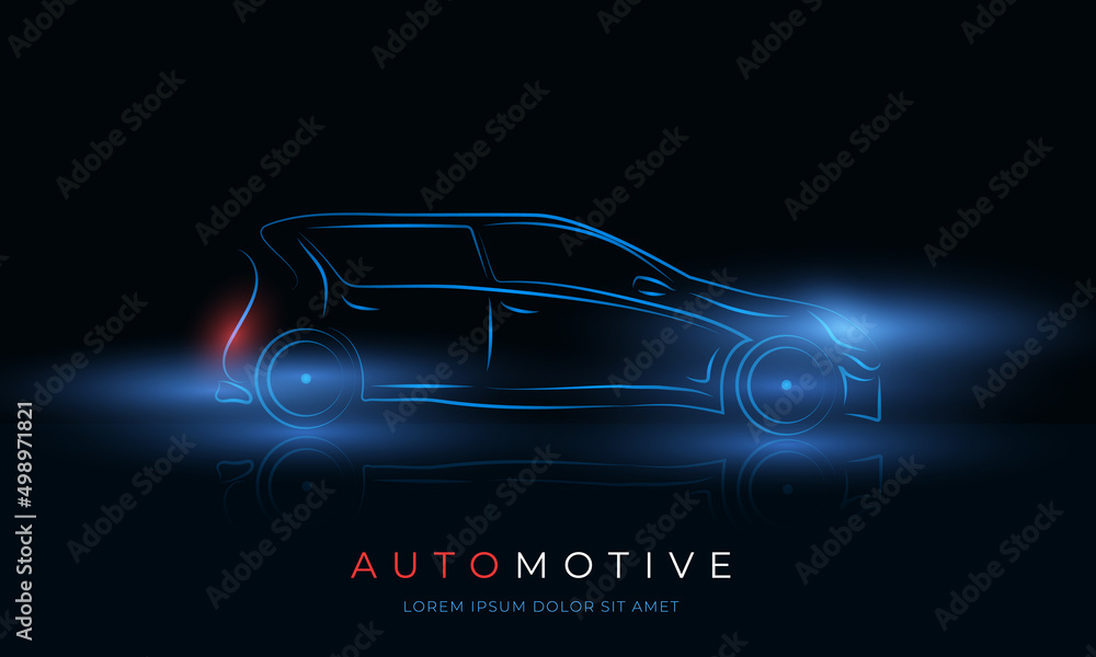 Modern car silhouette. Minimalistic neon line hatchback sport car outline on dark studio background. Glowing abstract hand drawn car silhouette with neon light and headlights. Vector illustration