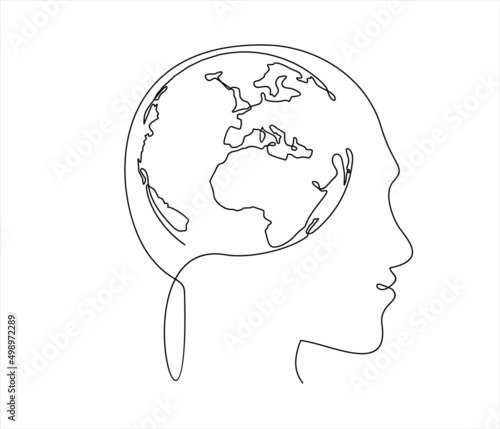 Peace brain concept. Continuous one line drawing of human head with globe inside. Think world.
