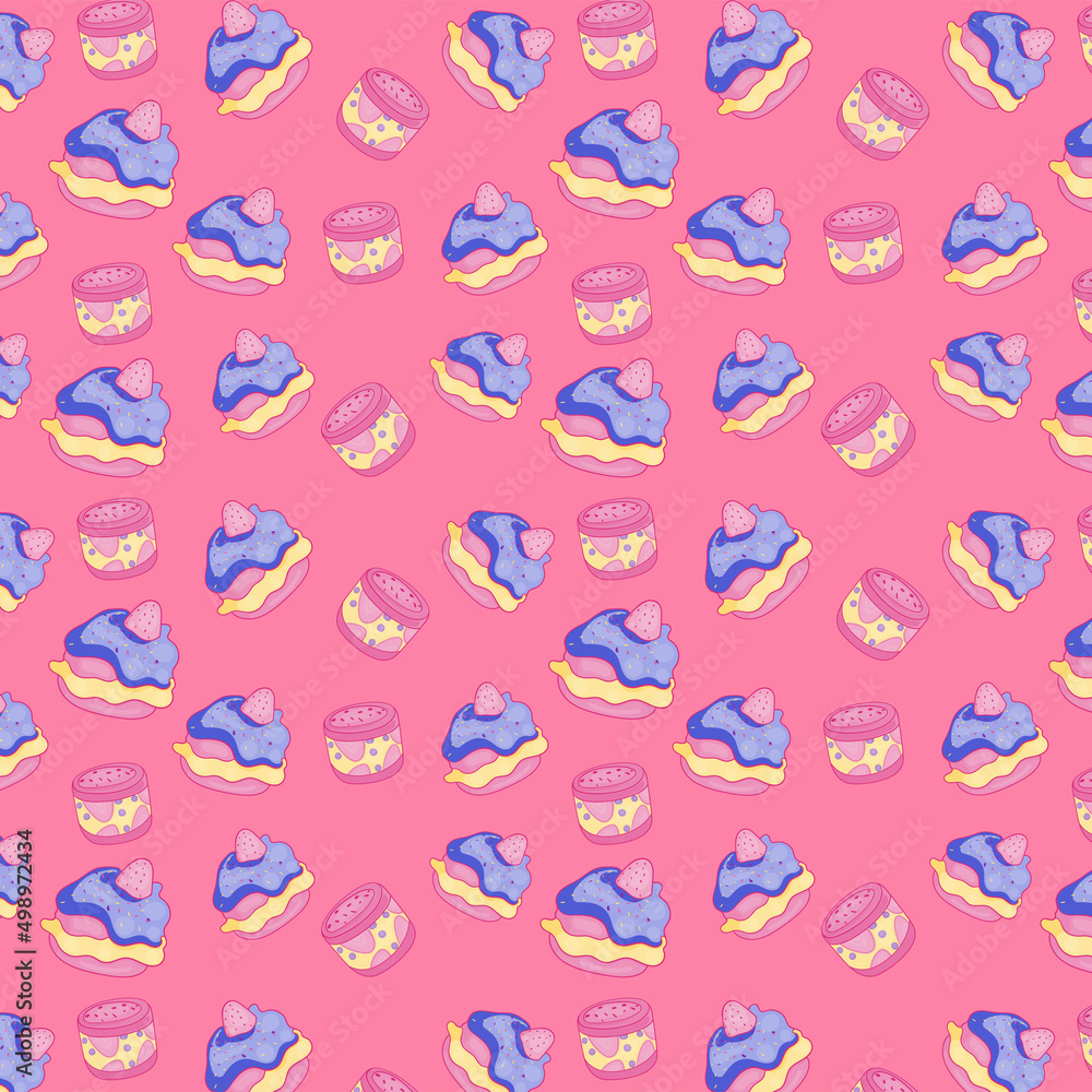 Cute seamless pattern on a pink background with a cake and delicious donuts. Handmade cakes and delicious donuts. Texture for scrapbooking, wrapping paper, invitations. Vector illustration. Cute seamless pattern on a pink background with a cake and delicious donuts. Handmade cakes and delicious donuts. Texture for scrapbooking, wrapping paper, invitations. Vector illustration.