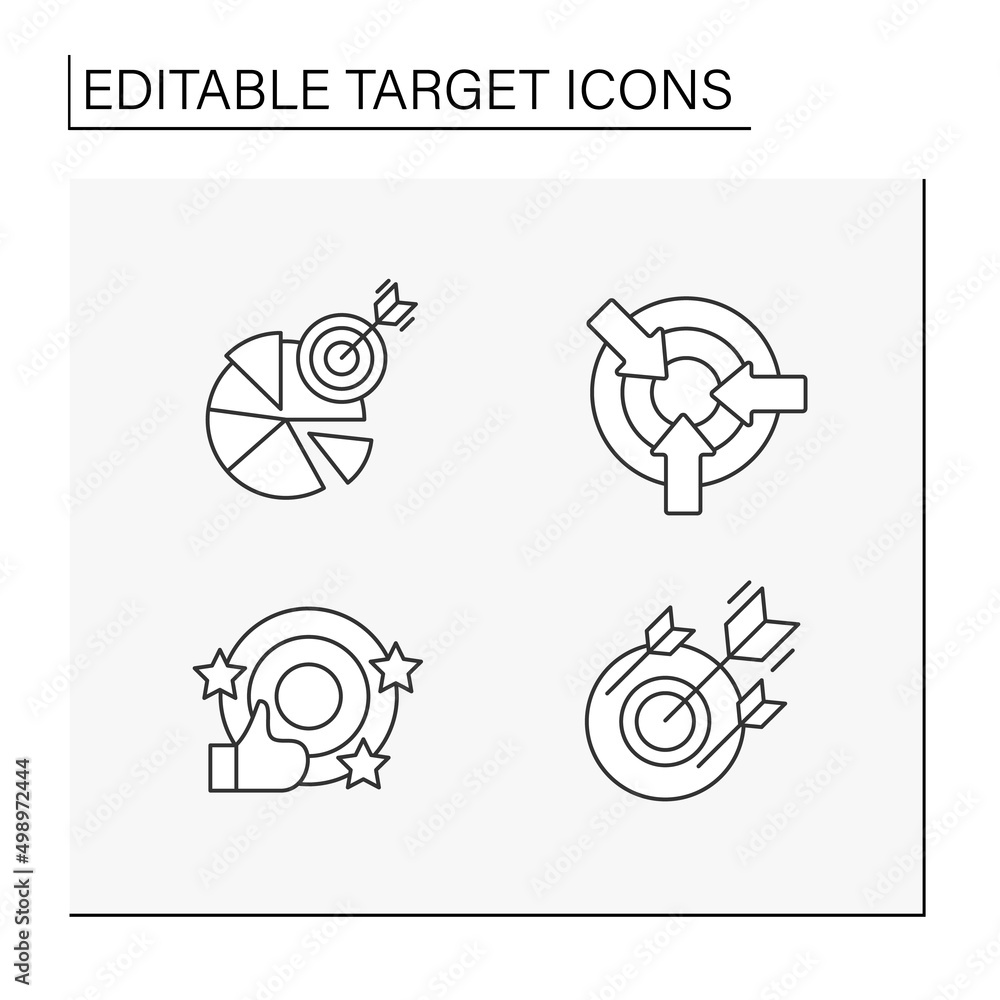 Target line icons set. Direct hit to bully eye. Goals achieved. Analysing, researching and development. Targeting concept. Isolated vector illustrations. Editable stroke