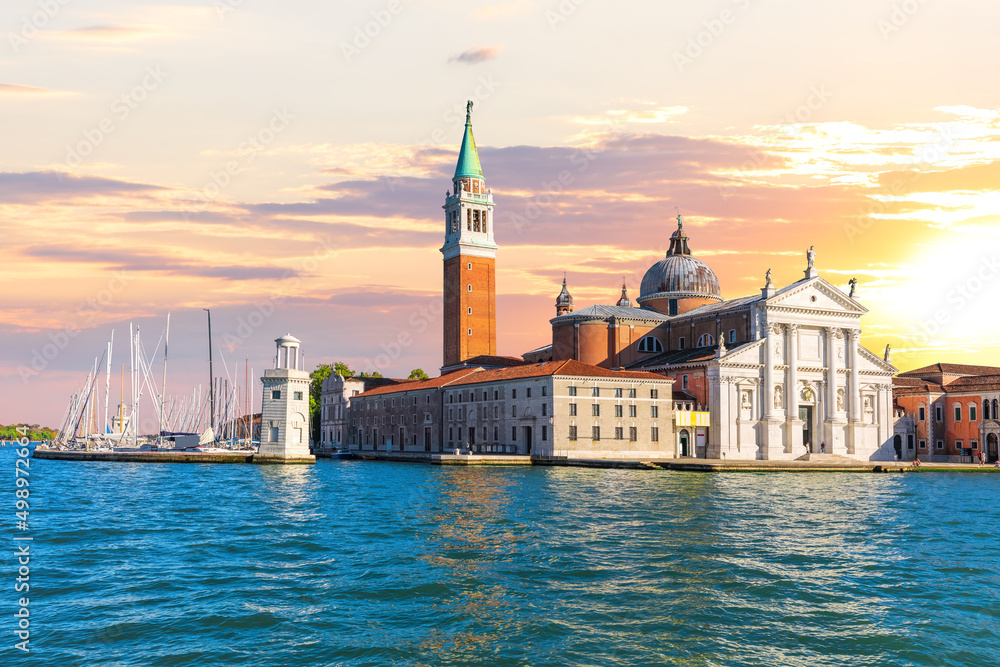 Famous San Giorgio Maggiore Island in the lagoon of Venice at sunset, Italy