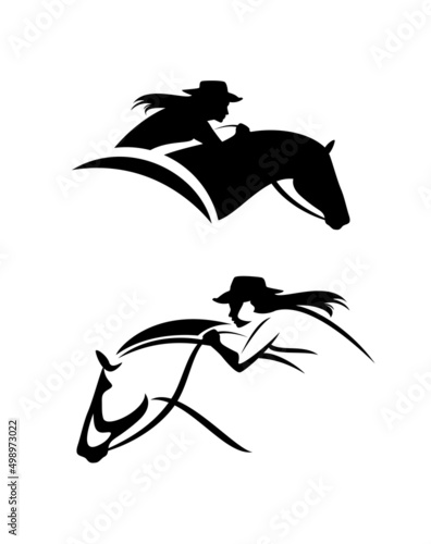 beautiful cowgirl wearing cowboy hat riding speeding horse black and white vector head outline and silhouette portrait