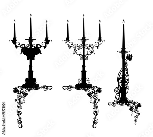 antique candle holder with rose stem - romantic date at the restaurant black and white vector design set with candelabrum and flowers