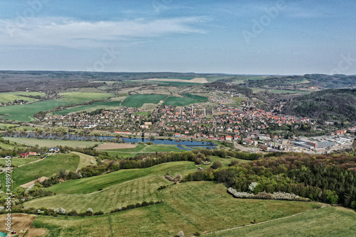 Village of Hyskov aerial view with Berounka river