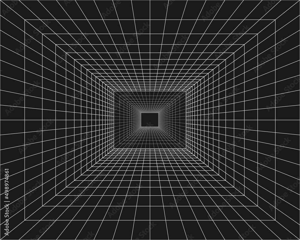 Naklejka premium Cyber grid, retro punk perspective rectangular tunnel. Grid tunnel geometry on black background. Vector illustration