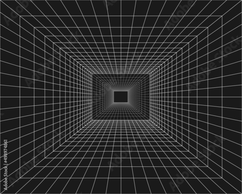 Fototapeta Naklejka Na Ścianę i Meble -  Cyber grid, retro punk perspective rectangular tunnel. Grid tunnel geometry on black background. Vector illustration