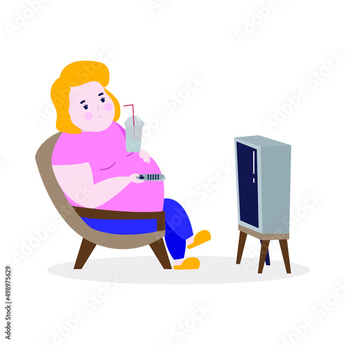 Fat woman sitting on the couch and watching TV. Vector Illustration