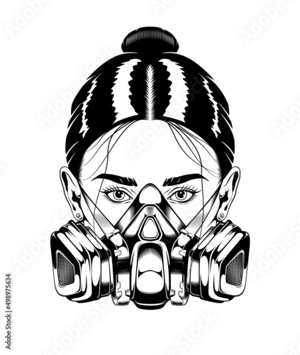 Vintage monochrome drawing of a woman face with respirator. Isolated vector template