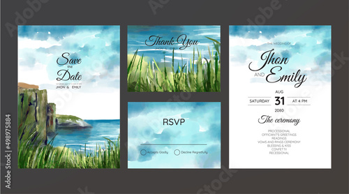 wedding invitation card, beach panorama, watercolor..