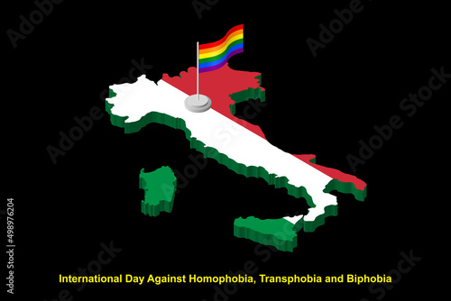 Isometric Italy map in national colors with LGBT flag on flagpole vector illustration. International day against homophobia concept.