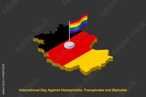 Isometric Germany map in national colors with LGBT flag on flagpole vector illustration. International day against homophobia concept.