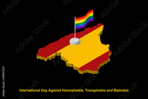 Isometric Spain map in national colors with LGBT flag on flagpole vector illustration. International day against homophobia concept.