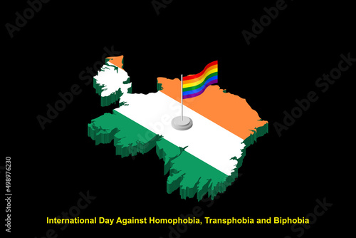 Isometric Ireland map in national colors with LGBT flag on flagpole vector illustration. International day against homophobia concept.