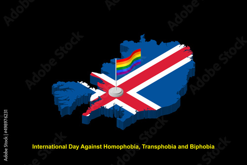 Isometric Iceland map in national colors with LGBT flag on flagpole vector illustration. International day against homophobia concept.