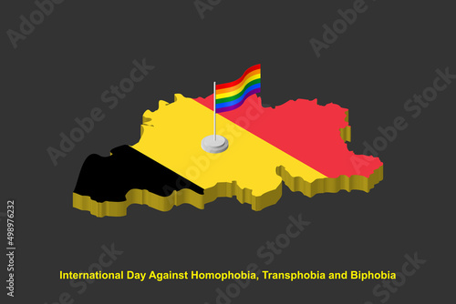 Isometric Belgium map in national colors with LGBT flag on flagpole vector illustration. International day against homophobia concept.