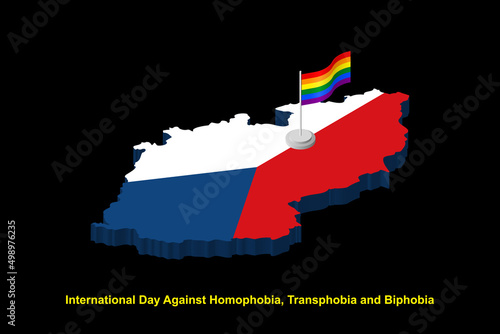 Isometric Czech republic map in national colors with LGBT flag on flagpole vector illustration. International day against homophobia concept.