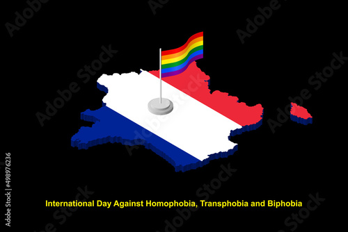 Isometric France map in national colors with LGBT flag on flagpole vector illustration. International day against homophobia concept.