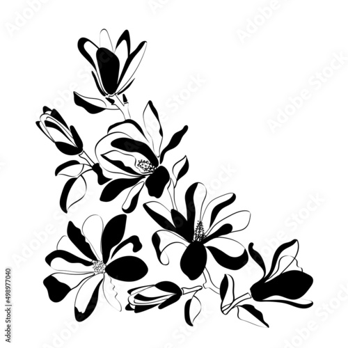 Black and white vector illustration with magnolia flowers for fabric, background, print.