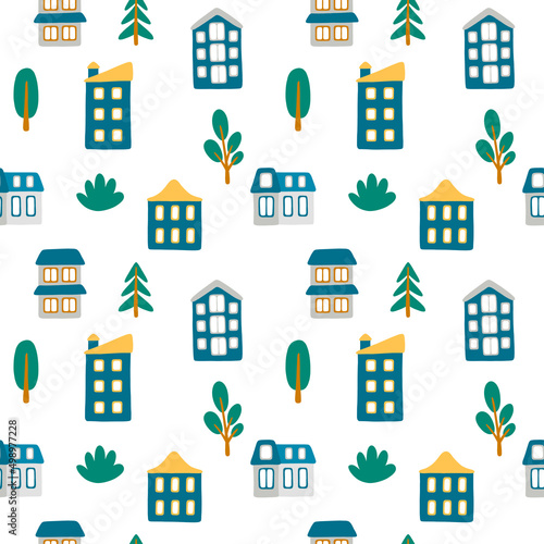 Vector seamless pattern with small cartoon houses and trees. Cute illustration for wallpaper, wrapping paper, background, fabric, textile.