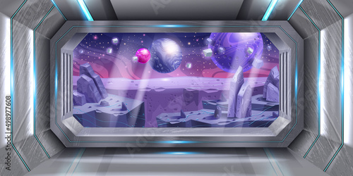 Space ship interior, purple planet, vector spacecraft window view, shuttle cockpit galaxy background. Alien rocket room, night sky, stars, game sci-fi futuristic 3D wallpaper. Space ship metal hallway