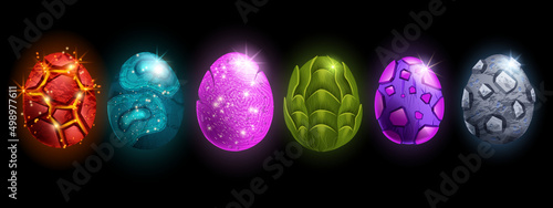 Dragon egg game icon set, UI alien space rock, vector cartoon magic dino stone kit, fairy easter collection. Purple glitter marble ball, fire lava glossy dinosaur sphere. Fantastic dragon egg