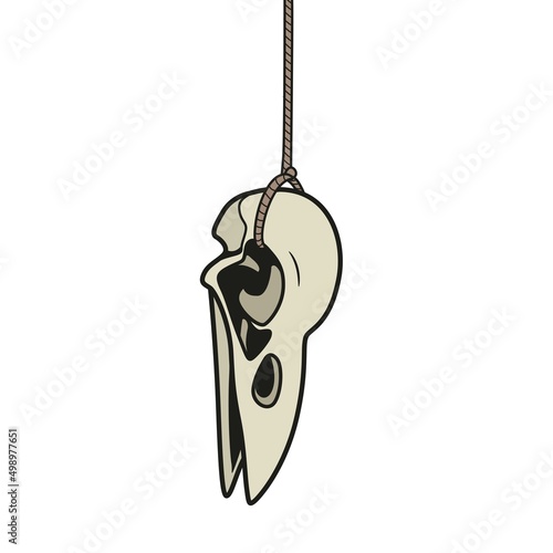 Raven skull amulet hanging on a rope color variation for coloring page on white background