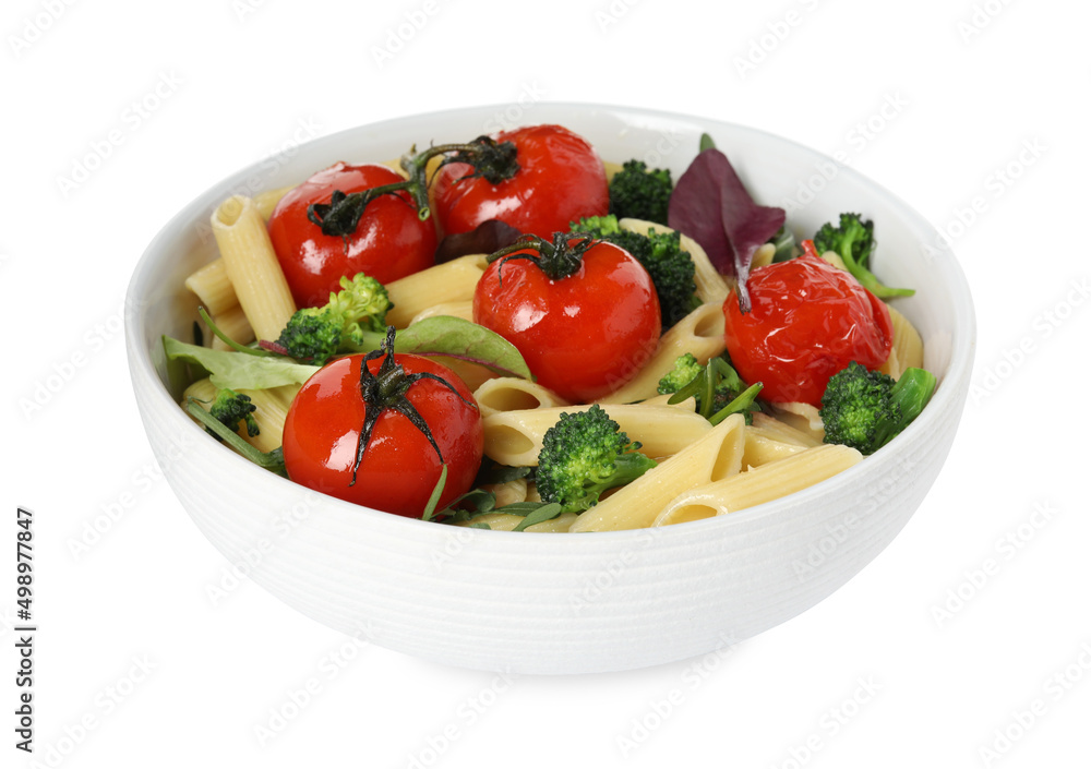 Bowl of delicious pasta with tomatoes, arugula and broccoli on white background