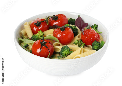 Bowl of delicious pasta with tomatoes, arugula and broccoli on white background