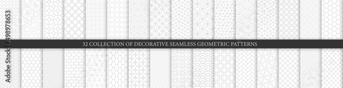 Big set collection 32 seamless ornamental vector patterns and swatches. Collection of simple geometric linear patterns. Gray and white patterns.
