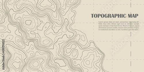 Light yellow topographic contour map background, vector illustration with black lines and mesh.
