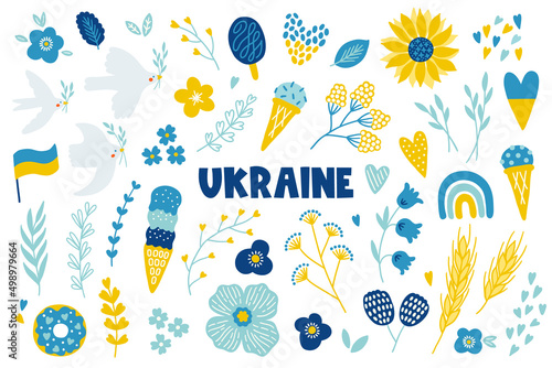Ukraine design elements - dove, sunflower, heart, flag, flowers, leaves, branches