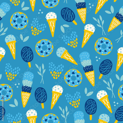 Ukraine seamless pattern with hearts, leaves, ice cream, donut, branches