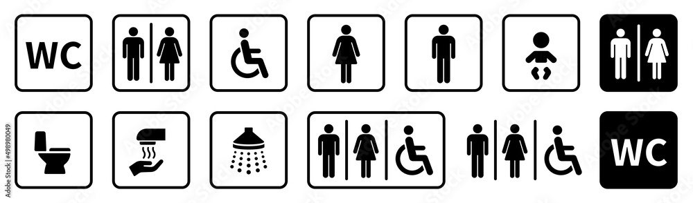 WC icons set. Toilet sign. Man, woman, mother with baby and handicapped silhouettes collection. Male and female restroom. - obrazy, fototapety, plakaty 