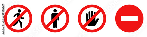 No entry sign. Prohibition sign walking pedestrian. Stop signs collection. Man stands, walk and run. No entry. The sign of the stop. the hand in the red. Stop signs. photo