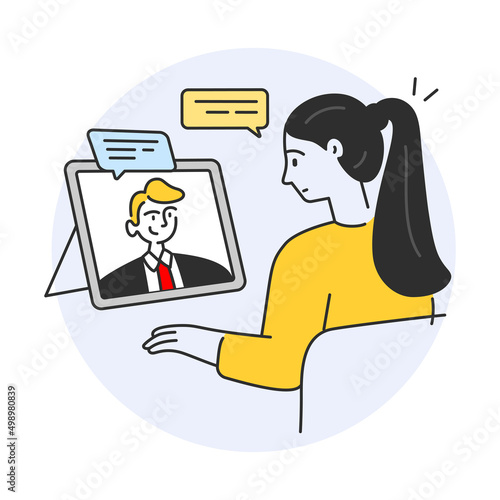 Beautiful woman using a laptop, tab, or computer for a virtual meeting or video conference.  Vector illustration for remote work, video conferencing. © Tajuddin