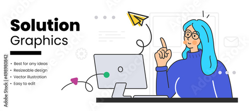 Beautiful young businesswoman working on the computer with flying paper plane creative idea positive feedback. For webpage template, mobile app, ui. Vector flat illustration.