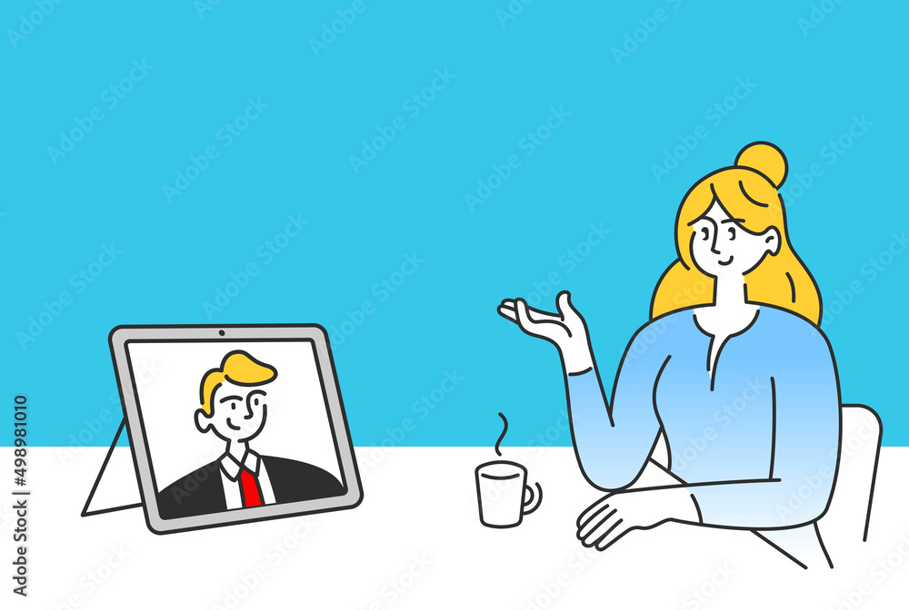 Flat cartoon character of a young female talking with a colleague via video call on the computer screen. Concept of a virtual work meeting and videoconferencing. Vector illustration in flat style.