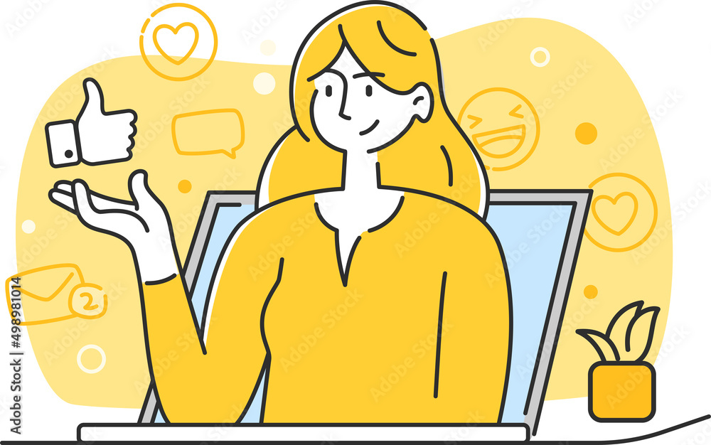 Illustration of smiling woman coming out of laptop and holding like icon with social media emoji icons. Social media marketing and increasing audience digital advertising vector illustration concept.