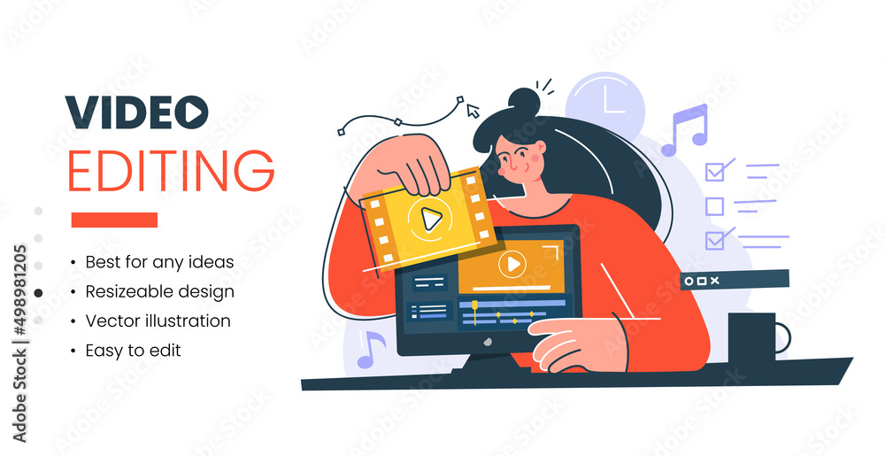 Motion designer, animator, female cartoon character making video editing, visual content. Multimedia, publishing, news, video, editing concept for the banner. Video editing vector stock illustration.