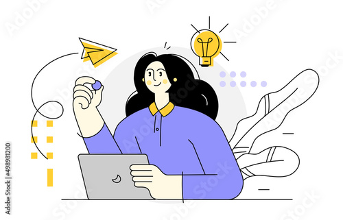 Beautiful young woman or freelancer working on Laptop Sitting at Table Workplace Thinking, solution, brainstorming. Bright creative idea concept. Modern vector illustration in flat style.