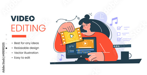Motion designer, animator, female cartoon character making video editing, visual content. Multimedia, publishing, news, video, editing concept for the banner. Video editing vector stock illustration.